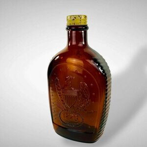 1976 Bicentennial Log Cabin Syrup Bottle Embossed Portrait Series Amber Glass